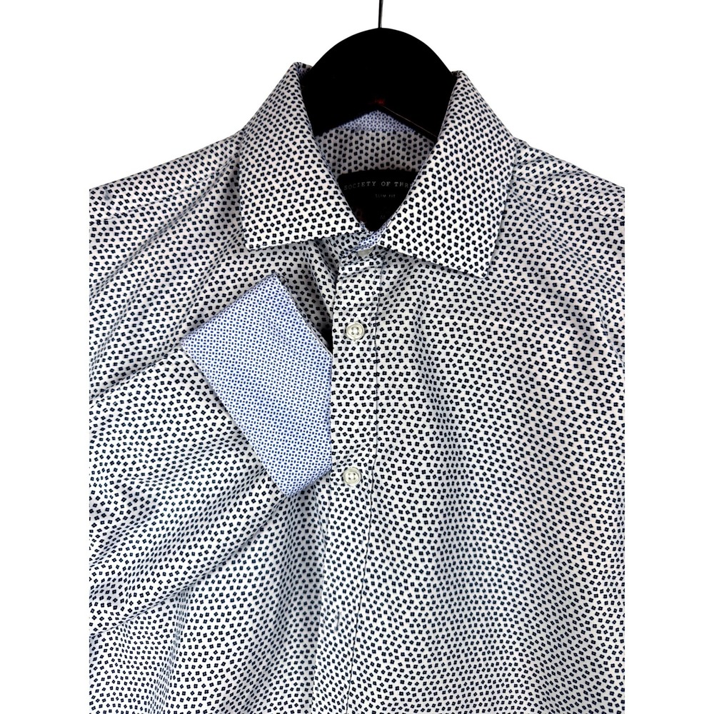 SOCIETY OF THREADS Slim Fit Mens Button Down Shirt White‎ Blue Small Print M